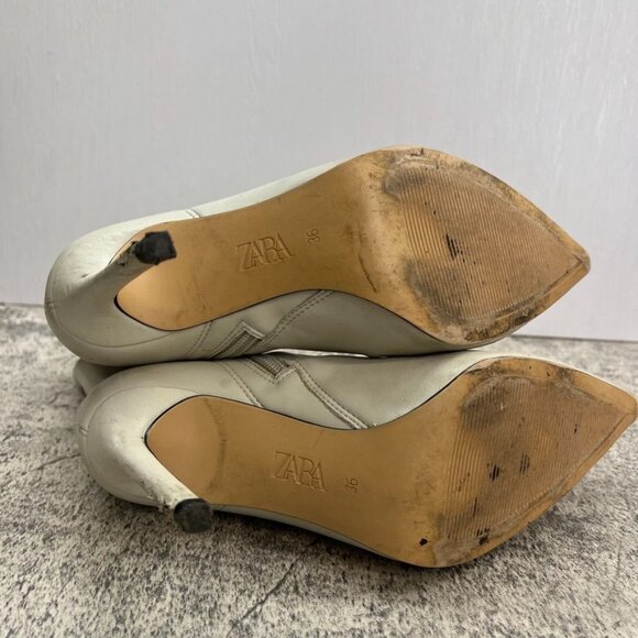 Zara Off White Faux Leather Pointed Toe Ankle High Heel Boots Size 6 - Picture 8 of 14